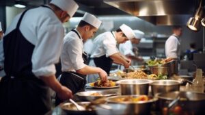 Culinary students preparing dishes in a professional commercial kitchen